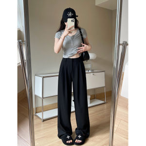 Gray Suit Pants Womens High Waist Casual Commute Straight Leg Wide Leg Trousers Korean Style Long Pants Polyester Blend