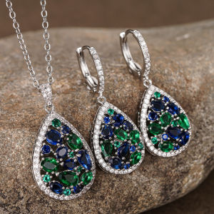 Womens Green Cubic Zirconia Teardrop Drop Earrings and Necklace Set Elegant Party Wedding Banquet Jewelry Accessory