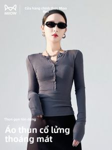 Áo thun MiiOW nữ làm bằng vải cotton dài tay cổ tròn màu trơn dáng ôm vừa vặn
