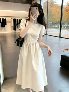 BIFEIMENG | Đầm Dài Tay Ngắn Cổ Tròn Phong Cách Pháp Elegance Chống Lão Hóa Màu Trắng