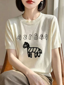 BAIWEISILI | Summer Short Sleeve Round Neck Embroidery Thin Icy Silk Blouse