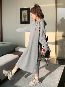 Gray Korean Loose Slimming Lazy Style Knitted Dress Womens Casual Hoodie Dress Autumn New Arrival Polyester Fiber Long Sleeve
