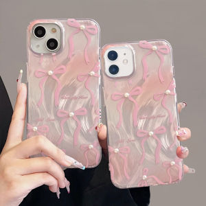 Raimondo Casing Ponsel Mutiara Tiga Dimensi dengan Pita Merah Muda Casing Ponsel Mewah yang Cocok iPhone 7 8 Plus XR XS Max 11 12 13