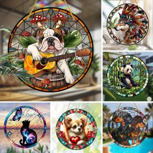 Cute Animals Dog Cat Suncatcher Art Stained Window Hanging Sun CatcherSunshadeAnimals Lover Gift Acrylic Round Garland Sign