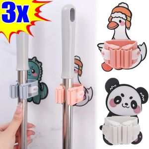 3Pcs Wall-Mounted Mop Clip Cartoon Panda Dinosaur Self-Adhesive Punch-Free Broom Holder Strong Seamless Mop Chuck Kitchen Bathroom Tool