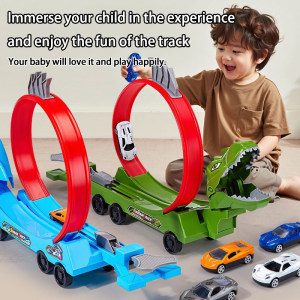 Childrens Dinosaur Track Car Catapult Die-on Racing Car Toy Childrens Toy Car Birthday Gift (with 4 Die-on Cars)
