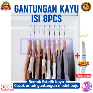Gantungan Pakaian Kayu Estetik isi 8Pcs Bonus Pisau Lipat - Gantungan Baju Kayu Aestethic - Gantungan Kayu Baju - Gantungan Baju Kayu Estetik - Gantungan Kayu Aestethic - Hanger Baju Aesthetic - Hanger Kayu - bisa COD
