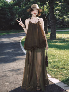 NIUVIES | Đầm Chiffon Xanh Đính Cổ Halter