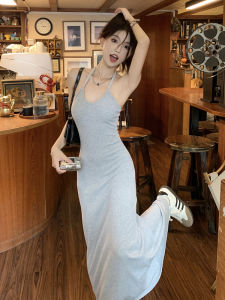 Hot Girl Grey Neck Hanging Backless Dress Womens New Summer Waist Cinching A-Line with Chest Pad Strap Long Dress