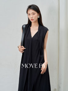 MOVE BY Original Design V-Neck Sleeveless Dress for Women Lightweight Breathable Tight Waist Black Long Dress with Belt for Summer