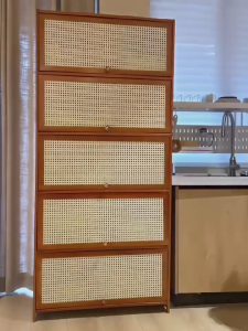 【On Hand】Bamboo Storage Cabinet Rattan Door Bookshelf Cabinet Organizer Dustproof 3/4/5 Layers