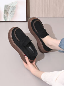 Womens Thick Bottom Matte Slip-On Shoes Spring 2025 Soft Surface Bean Bean Anti-Slip Platform Single Shoes Casual Roman Style PU Leather