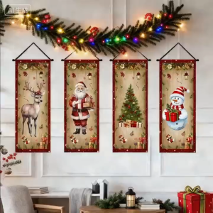 4pcs Durable Christmas Banner Waterproof Material Santa Snowman Elk Hanging Decor for Indoor Outdoor