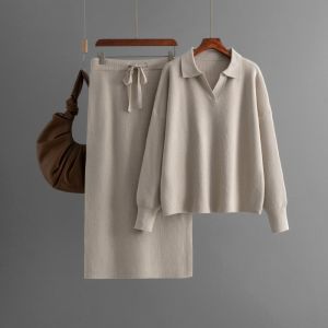 Autumn Winter Women Knit Polo Collar Pullover Pant Sets Elegant Sweater Tops Two Piece Sets Womens Outifits Loose Female Clothes