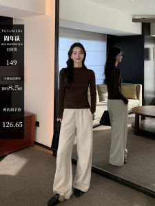 Pusumede Loose Wide Leg Pants Women Elastic Waist Acetate Wool Straight Leg Pants Autumn Winter Thickened Floor-Length Pants