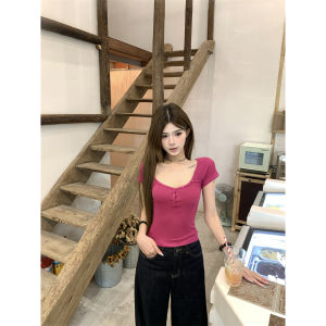 Slim Fit Short Sleeve V-Neck T-Shirt Womens Summer Fashion Casual Top Button Detail Commute Style Solid Color Versatile Short Length