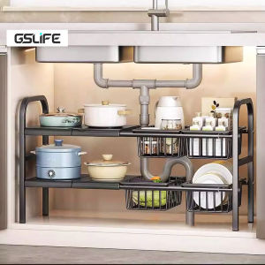 GSLIFE 【Dapat Diperpanjang】 Rak Dapur Stainless Steel Rak Bawah Wastafel Rak Serbaguna Dapur Bawah Sinki
