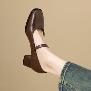 French Style Mary Jane Shoes Leather Handcrafted Thick Heel Womens Spring Autumn Buckle Strap Slip-On round Toe Fashionable