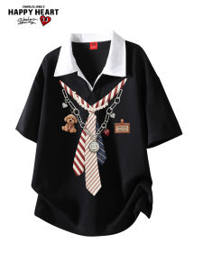 CHARLES JANGS HAPPY HEART | Fake Two-piece Shirt Collar Short Sleeve Mens T-shirt for Summer Preppy Style with Bear Print Couple Wear