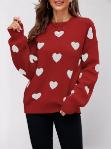 Autumn Winter Womens Knit Fashion Pullovers Love Print Long Sleeve Tops Elegant Retro Sweater Woman Knitwears Female Clothing
