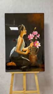 Tranh thiếu nữ bên hoa sen decor trang trí nhà hàng khách sạn phòng spa