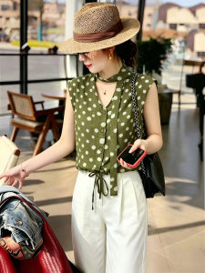 Polka Dot Bow Sleeveless Loose Summer Shirt