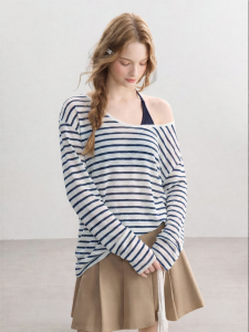 QIAOJIAOYA | Blue and White Striped Off-shoulder Summer Cover-up Light and Breathable