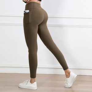 Women Leggings with Pockets Solid Color High Waist Butt Lifting Workout Tights Slim Elastic Pants Casual Wear