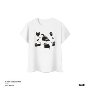 เสื้อยืดคอกลมแขนสั้น PSO Brand ผ้าฝ้ายหลวมๆ ทรงหลวมๆ สำหรับฤดูร้อน เสื้อยืดลายแมวสีน้ำเงิน ผ้าฝ้ายผสมโพลีเอสเตอร์