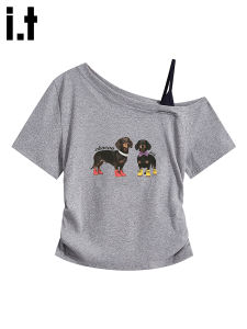 Short Fit Womens T-shirt CHOCOOLATE Sausage Dog Print Shoulder Baring American Style Top for Summer Moisture Wicking Cotton Blend