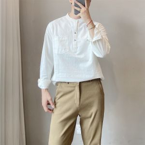 Fresh Literature and Art Stand Collar Long Sleeves Cotton Shirt Men Soft Breathable Casual Pure Color Half Button Collar Mens White Shirt
