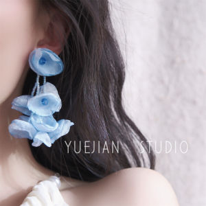 Blue Fabric Art Exaggerated Flower Earrings Summer Spring Vacation Style Mosquito Coil Tray Clip-On Earrings for Women