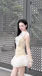 Đầm váy nữ thiết kế đầm đi tiệc tiểu thư xinh đầm ngắn Thun Nhuyễn phối Tơ 3 tầng ôm body đính bông to có lót