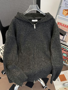 เสื้อสเวตเตอร์คาร์ดิแกนแขนยาวทรงหลวมสำหรับผู้ชาย สีเทาเข้ม เสื้อคลุมกันหนาวแบบสวมหัว ผ้าฝ้ายผสมโพลีเอสเตอร์