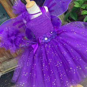 Girls Purple Fairy Dress Kids Glitter Flower Tutus Dresses with Wing Stick Hairbow Children Birthday Halloween Party Costumes