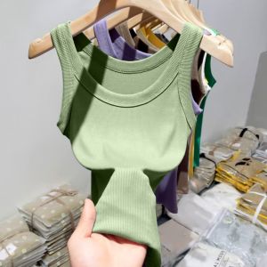 Womens Knitted Ice Silk Thin round Neck Vest Summer Slim Fit Base Shirt Pure Color Underwear Tank Top Commute Style Workwear