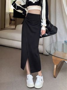 Asymmetrical Black Suit Skirt Womens Fall and Winter Split Long Slim-Fit Hip-Wrapped A- line Ruched Long Skirt Summer Skirt