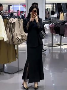 Unique Beautiful Early Spring Black Satin Lace Top Half Skirt Two Piece Set Womens Fashionable Spring Collection