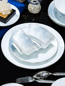 Luxurious High-End Jingdezhen White Porcelain Dinnerware Set Simple Modern Home Use Moving Gift Set Silver Plated Floral Pattern