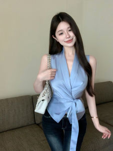 Elegant French Style Satin Sleeveless V-Neck Slim Fit Shoulder Bared Shirt for Women Hot Girl Short Length Pure Color Top