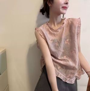 Summer 2025 Korean Style Design Loose Womens Shirt with Wood Grain Ruffle Splicing Ultra Light Thin Fit All Seasons Top