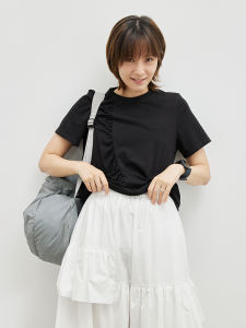 Lightweight Pleated Slim Fit T-Shirt Womens Casual Style Pure Cotton Short Sleeve round Neck Drawstring Sweat Absorbent