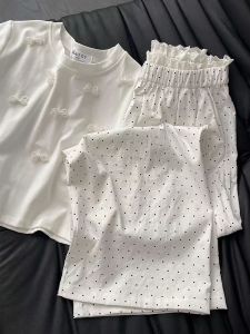 กางเกงขากว้างลายจุดผ้าลูกไม้สไตล์เกาหลีสำหรับผู้หญิง กางเกงขายาวทรงตรงหลวมๆ ทรงสลิมฟิต กางเกงขายาวทรงตรงลำลอง