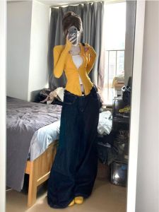 กางเกงยีนส์ทรงหลวมสีน้ำเงินเข้มเอวสูงสำหรับผู้หญิง กางเกงขายาวทรงหลวมพิเศษ กางเกงยีนส์ทรงหลวมพิเศษสำหรับผู้หญิง