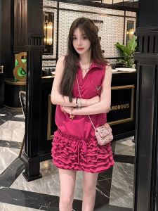 French Elegant Sleeveless Polo Neck Dress Womens 2025 Summer Unique Design Multi-layer Wood Grain Edge Short Skirt