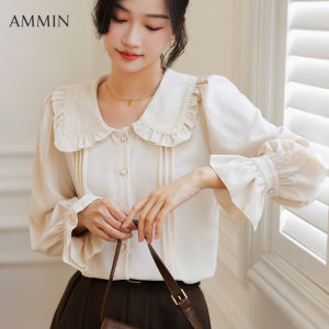 AMMIN เสื้อคอตุ๊กตาเรโทร MODE Korea สำหรับผู้หญิงแฟชั่นใหม่2023การออกแบบอารมณ์ความรู้สึกหลวม100จับคู่หูไม้แขนโคมไฟลูกไม้เสื้อผ้าชีฟอง