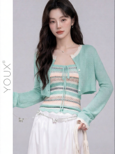 YOUXIANG | Bộ Áo Ngực Sọc Đơn Giản và Cardigan Knit