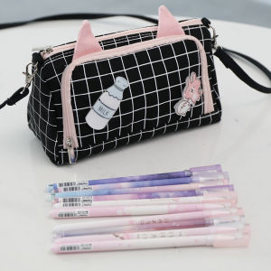 Large Capacity Cute Simple Canvas Pencil Case Crossbody Stationery Bag for Junior High School Students Girls Animal Pattern