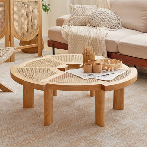 Japanese Style round Low Coffee Table Simple Modern Minimalist Living Room Use Solid Wood Wicker Weaving round Small Size Table