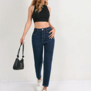 กางเกงยีนส์ผู้หญิงแฟชั่นเอวสูงผ้ายืดทรงลำลองใส่สบายสไตล์สตรีทแวร์ทันสมัย